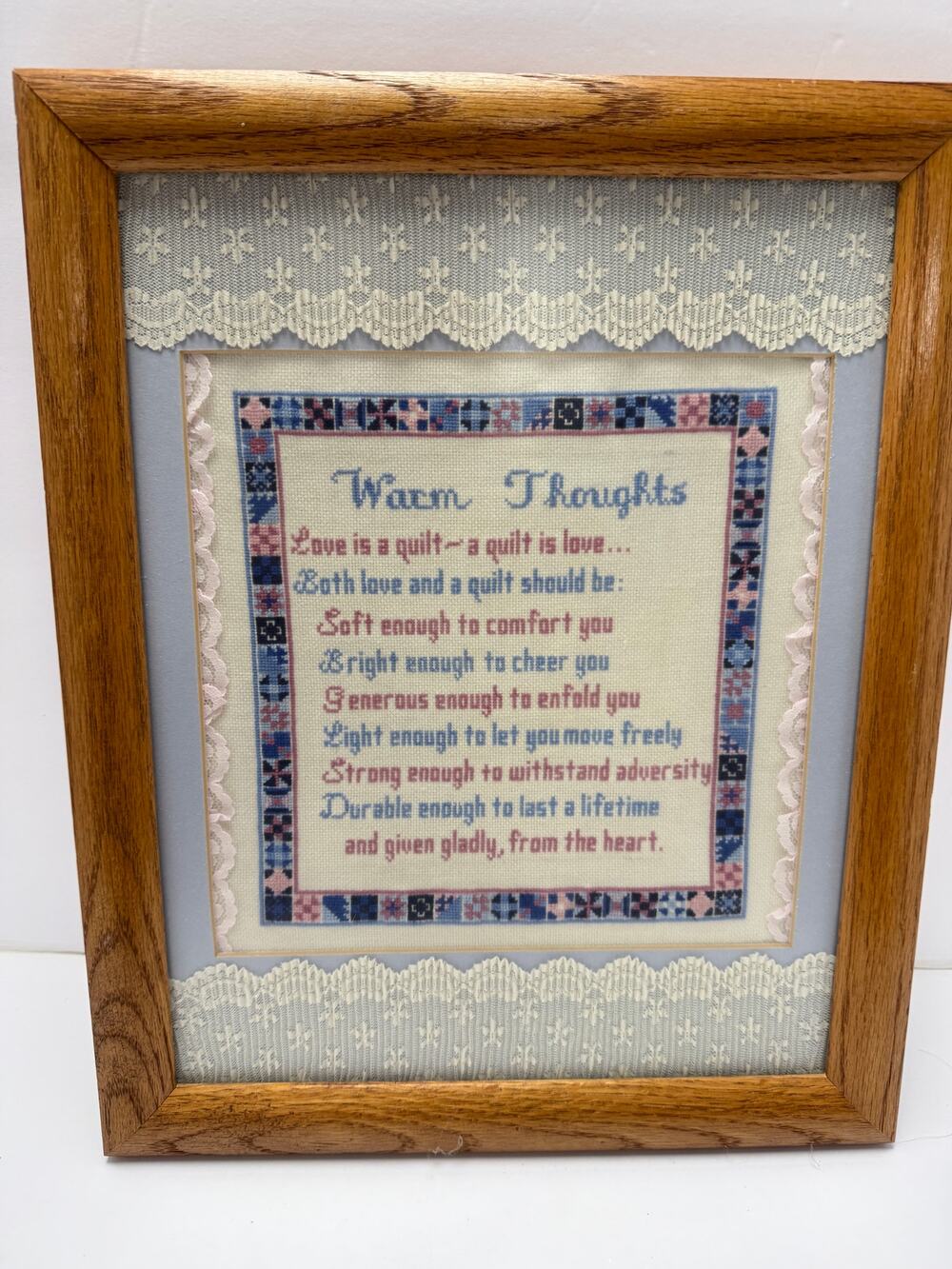 Framed Warm Thoughts Cross Stitch Quilt Saying Wall Art Lace Trim Oak Frame
